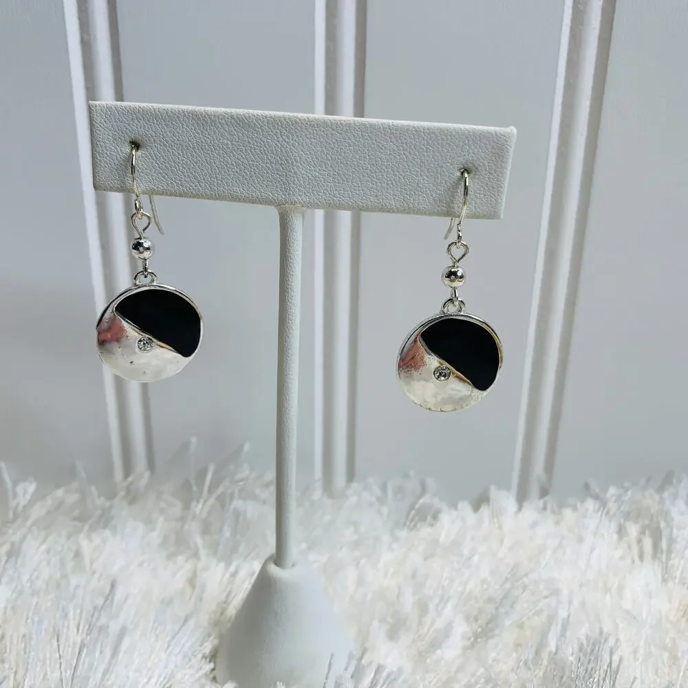 y2k Black Silver Inlaid Disc Dangle Earrings 1.5